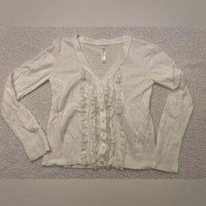 Cherokee Size Large 10/12 Girls White Button Up Cardigan w/Lace Accent Sweater
